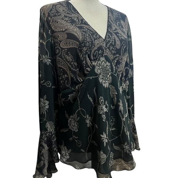 VTG 90s Spenser Jeremy Black & Brown Paisley Patchwork Silk Bell Sleeve Top 14/L - Picture 3 of 8